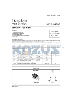 30CPU04PBF datasheet - ULTRAFAST RECTIFIER