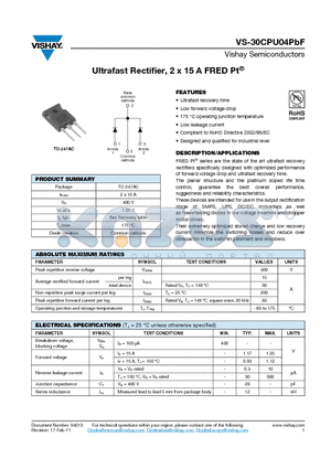 30CPU04PBF datasheet - Ultrafast Rectifier, 2 x 15 A FRED Pt