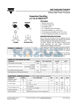 30CTH02 datasheet - Hyperfast Rectifier, 2 x 15 A FRED PtTM