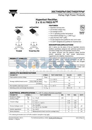 30CTH02PBF datasheet - Hyperfast Rectifier, 2 x 15 A FRED PtTM