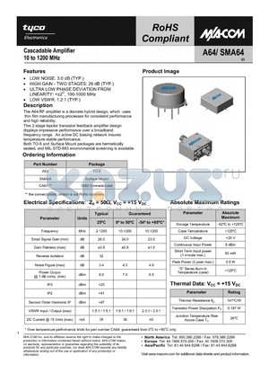 A64 datasheet - Cascadable Amplifier 10 to 1200 MHz