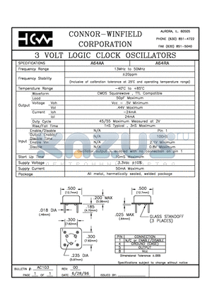 A64AA datasheet - 3 VOLT LOGIC CLOCK OSCILLATORS