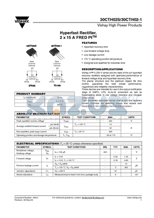 30CTH02STRR datasheet - Hyperfast Rectifier, 2 x 15 A FRED PtTM