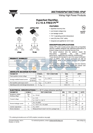 30CTH02STRRPBF datasheet - Hyperfast Rectifier,2 x 15 A FRED PtTM