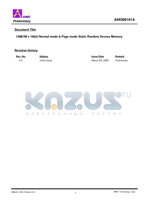 A64S06161A datasheet - 16M(1M x 16bit) Normal mode & Page mode Static Random Access Memory