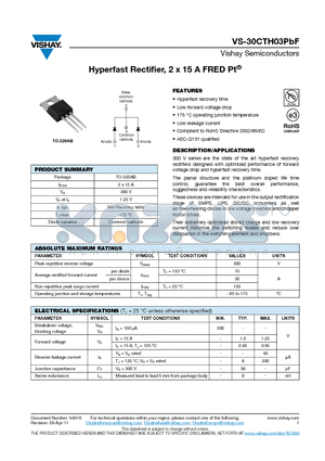 30CTH03PBF datasheet - Hyperfast Rectifier, 2 x 15 A FRED Pt