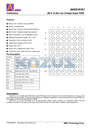 A64S0616G-70I datasheet - 2M X 16 Bit Low Voltage Super RAM