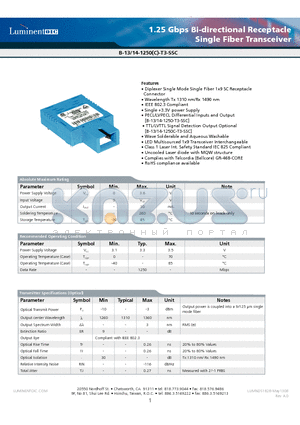 B-13-14-1250-T3-SSCA-G5 datasheet - 1.25 Gbps Bi-directional Receptacle Single Fiber Transceiver