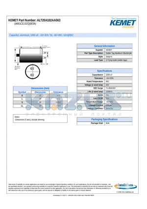 A66-1 datasheet - Capacitor, aluminum, 1000 uF, -10/30% Tol, -40/85C, 63V@85C