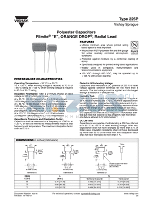 225P datasheet - Polyester Capacitors Filmite^ E, ORANGE DROP^, Radial Lead