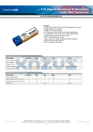 B-13-15-1250C-F-SSC4G5 datasheet - 1.25 Gbps bi-directional SC Receptacle single Fiber Transceiver