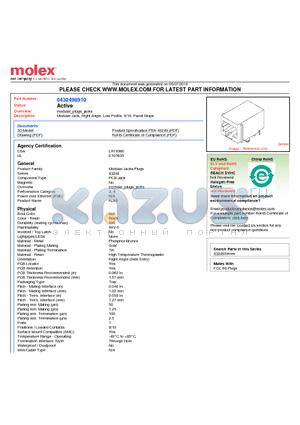 43249-8910 datasheet - Modular Jack, Right Angle, Low Profile, 8/10, Panel Stops