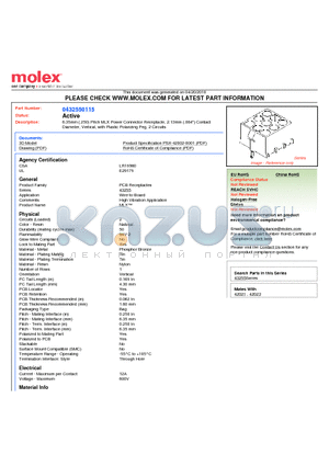 43255-0115 datasheet - 6.35mm (.250) Pitch MLX Power Connector Receptacle, 2.13mm (.084