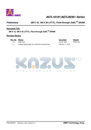 A67L06361E datasheet - 2M X 18, 1M X 36 LVTTL, Flow-through ZeBL SRAM