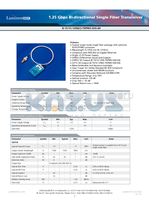 B-13-1250C-TDPM3-SST-60 datasheet - 1.25 Gbps Bi-directional Single Fiber Transceiver