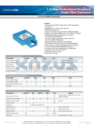 B-13-15-1250C-T3-SSC2 datasheet - 1.25 Gbps Bi-directional Receptacle Single Fiber Transceiver