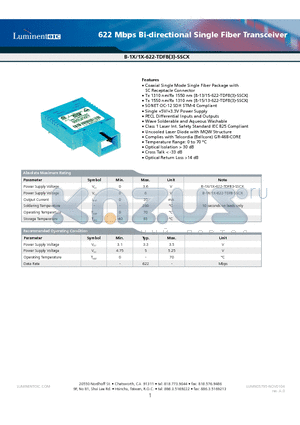 B-13-15-622-TDFB-SSC datasheet - 622 Mbps Bi-directional Single Fiber Transceiver