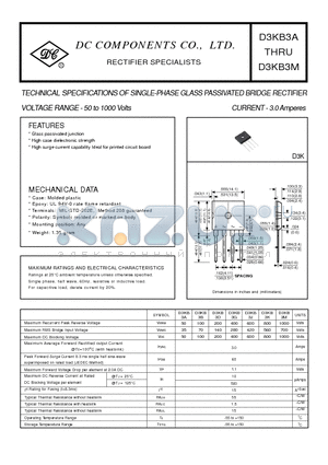 D3KB3M datasheet - TECHNICAL SPECIFICATIONS OF SINGLE-PHASE GLASS PASSIVATED BRIDGE RECTIFIER