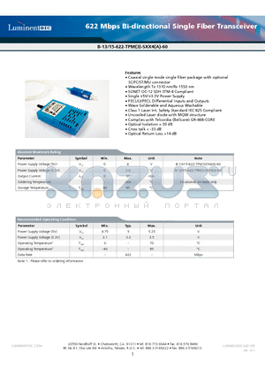 B-13-15-622-TPM-SFC4A-60 datasheet - 622 Mbps Bi-directional Single Fiber Transceiver