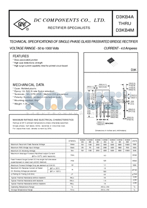 D3KB4A datasheet - TECHNICAL SPECIFICATIONS OF SINGLE-PHASE GLASS PASSIVATED BRIDGE RECTIFIER VOLTAGE RANGE - 50 to 1000 Volts