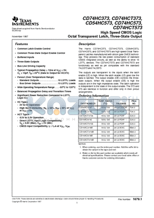 CD74HC373E datasheet - High Speed CMOS Logic Octal Transparent Latch, Three-State Output