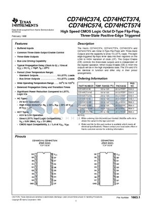 CD74HC374 datasheet - High Speed CMOS Logic Octal D-Type Flip-Flop, Three-State Positive-Edge Triggered