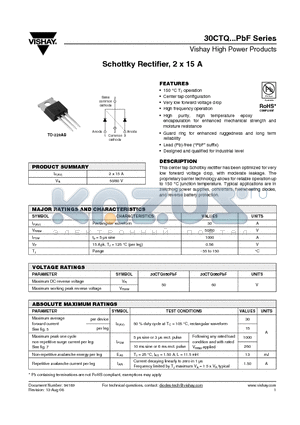 30CTQ050PBF datasheet - Schottky Rectifier, 2 x 15 A