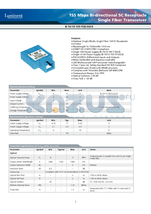 B-13-155-T-SSC4 datasheet - 155 Mbps Bi-directional SC Receptacle Single Fiber Transceiver