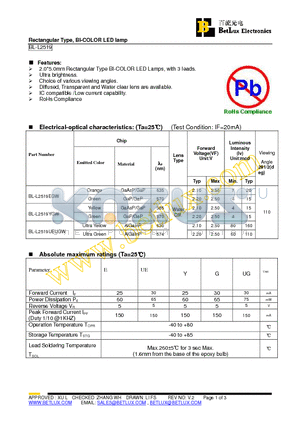 BL-L2519YGW datasheet - Rectangular Type, BI-COLOR LED lamp