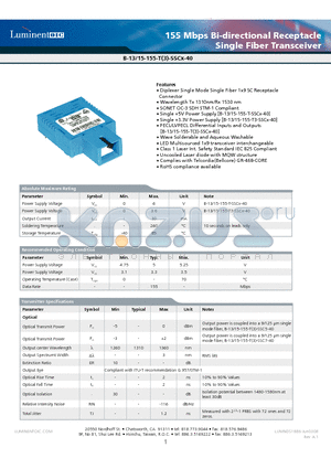 B-13-155-T-SSC7-40 datasheet - 155 Mbps Bi-directional Receptacle Single Fiber Transceiver