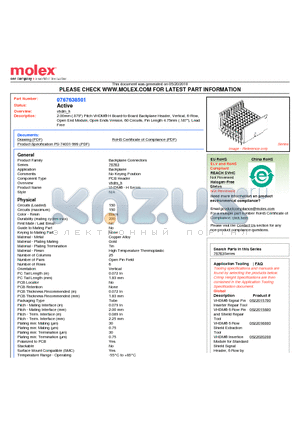 76763-8501 datasheet - 2.00mm (.079) Pitch VHDM^ H Board-to-Board Backplane Header, Vertical, 6-Row, Open End Module, Open Ends Version, 60 Circuits, Pin Length 4.75mm (.187)