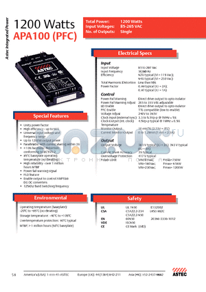 APA100-101 datasheet - Total Power: 1200 Watts, Input Voltages: 85-265 VAC, No. of Outputs: Single