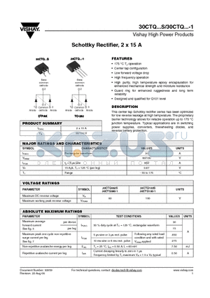 30CTQ080-1TRL datasheet - Schottky Rectifier, 2 x 15 A