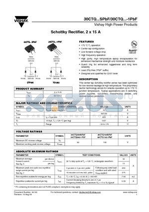 30CTQ080-1TRRPBF datasheet - Schottky Rectifier, 2 x 15 A