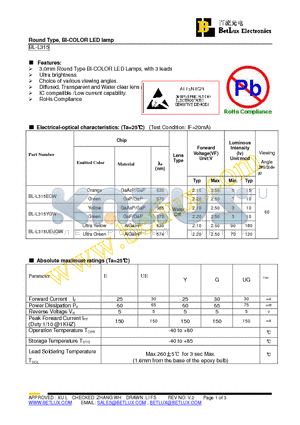 BL-L315YGW datasheet - Round Type, BI-COLOR LED lamp