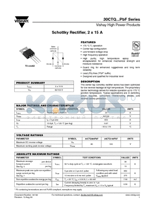 30CTQ080PBF datasheet - Schottky Rectifier, 2 x 15 A