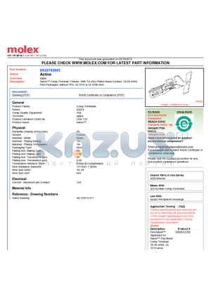 43374-3001 datasheet - Sabre Crimp Terminal, Female, With Tin (Sn) Plated Brass Contact, 18-20 AWG, Reel Packaged, without TPA, UL1015 or UL1056 Wire