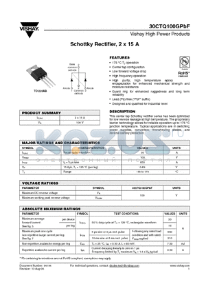 30CTQ100GPBF datasheet - Schottky Rectifier, 2 x 15 A
