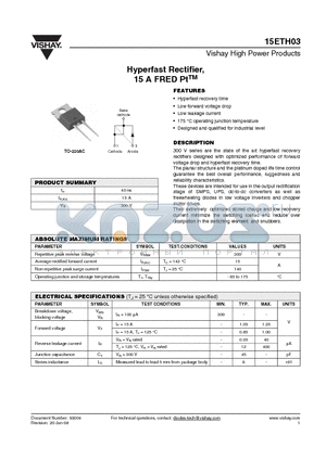 15ETH03 datasheet - Hyperfast Rectifier, 15 A FRED PtTM