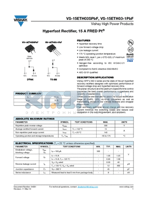 15ETH03-1PBF datasheet - Hyperfast Rectifier, 15 A FRED Pt