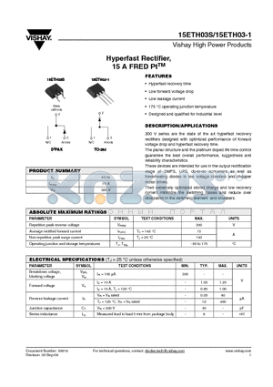 15ETH03-1TRL datasheet - Hyperfast Rectifier, 15 A FRED PtTM
