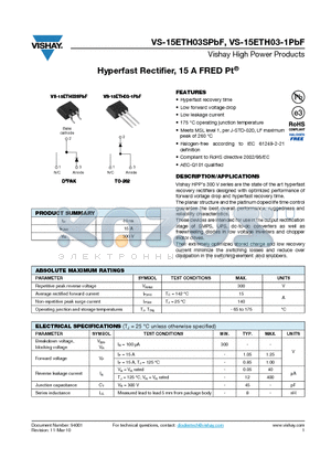 15ETH03-1TRRPBF datasheet - Hyperfast Rectifier, 15 A FRED Pt