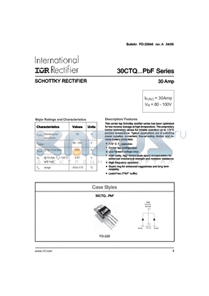 30CTQ80PBF datasheet - SCHOTTKY RECTIFIER