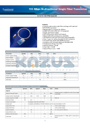 B-13-155-TPM-S datasheet - 155 Mbps Bi-directional Single Fiber Transceiver