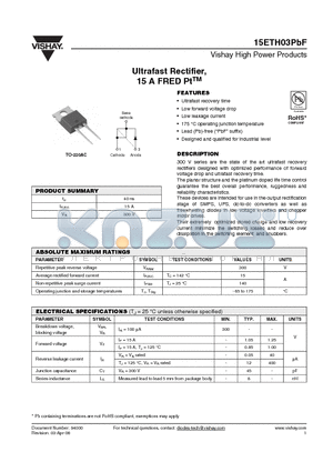 15ETH03PBF datasheet - Ultrafast Rectifier, 15 A FRED PtTM