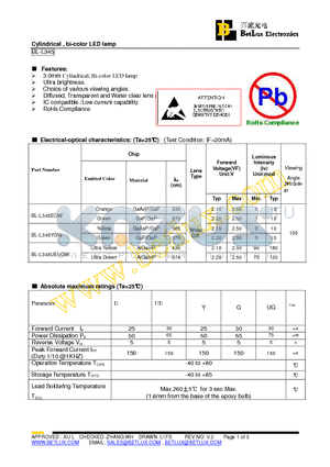 BL-L345YGW datasheet - Cylindrical , bi-color LED lamp