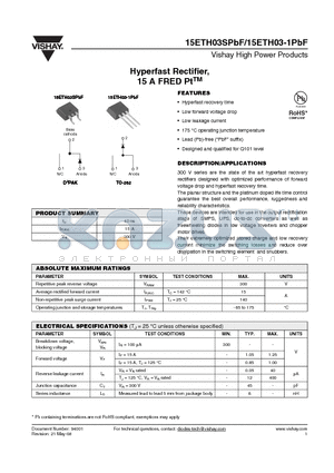 15ETH03STRRPBF datasheet - Hyperfast Rectifier, 15 A FRED PtTM