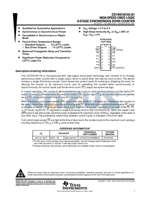 CD74HC40103-Q1 datasheet - HIGH-SPEED CMOS LOGIC 8-STAGE SYCROOS,