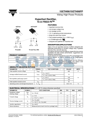 15ETH06 datasheet - Hyperfast Rectifier, 15 A FRED PtTM