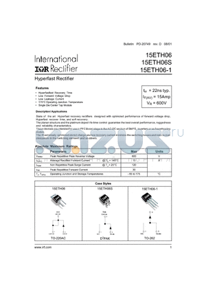 15ETH06-1 datasheet - Hyperfast Rectifier